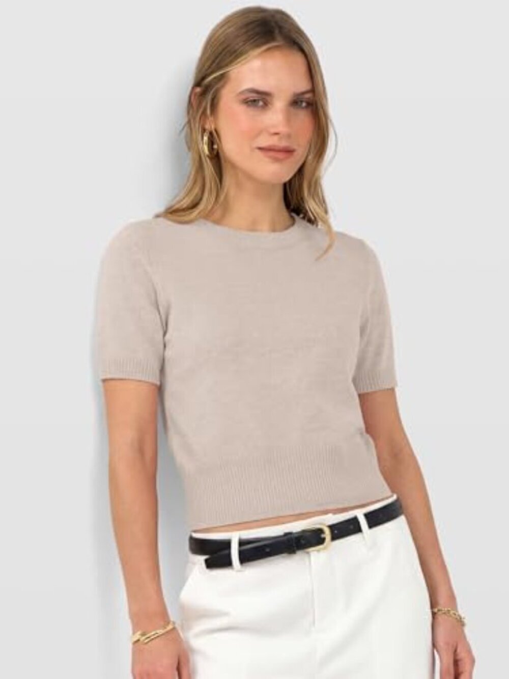 π Womens Short Sleeve Sweaters Cropped Crew Neck Business Casual Lightweight - Picture 3 of 7